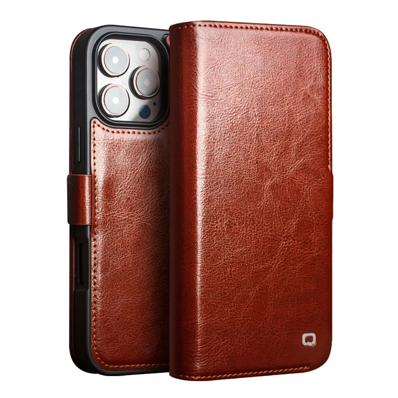 Classic Genuine Cowhide Leather Flip Wallet Case for iPhone 16 Series