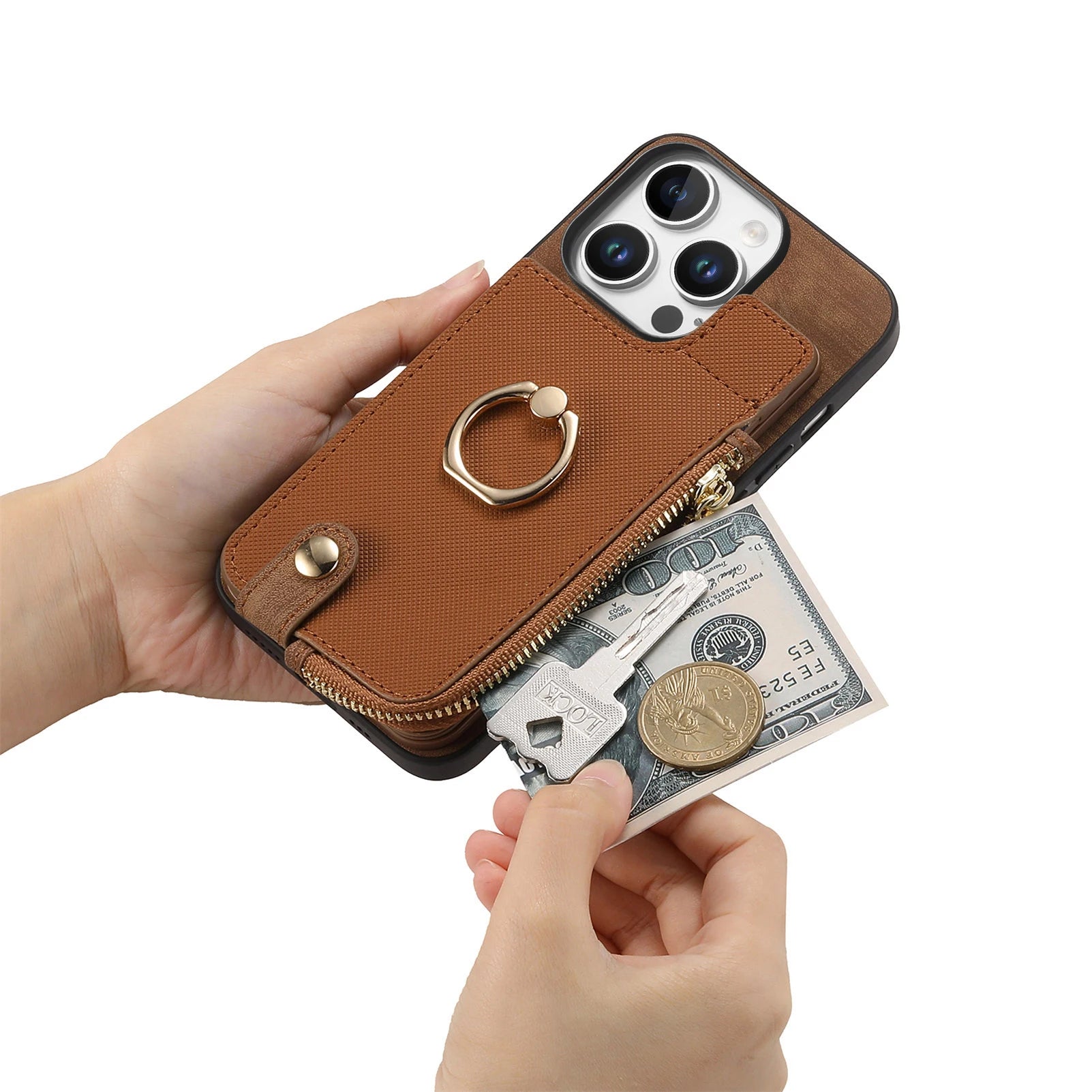 Leather Wallet Phone Case with Ring Kickstand for iPhone 16 Series