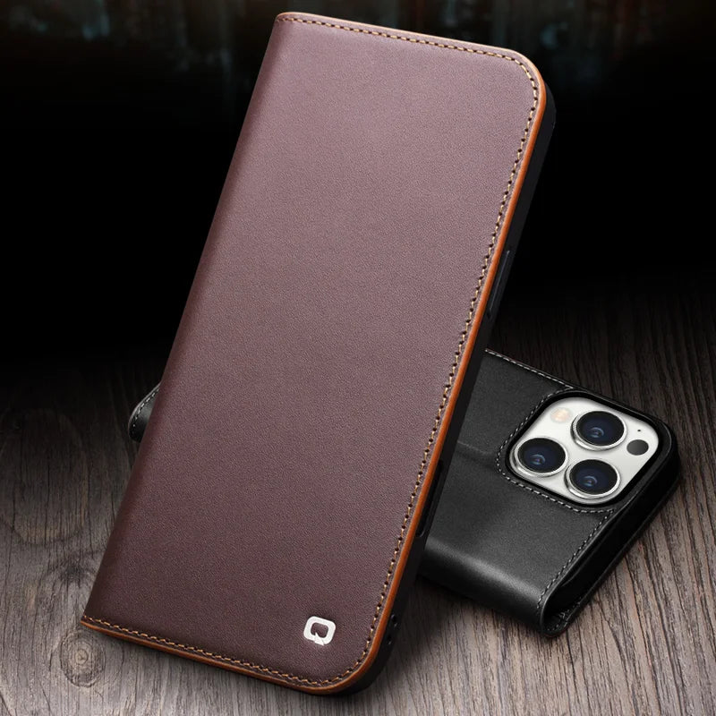 Premium Vintage Genuine Cowhide Leather Wallet Case for iPhone 16 Series