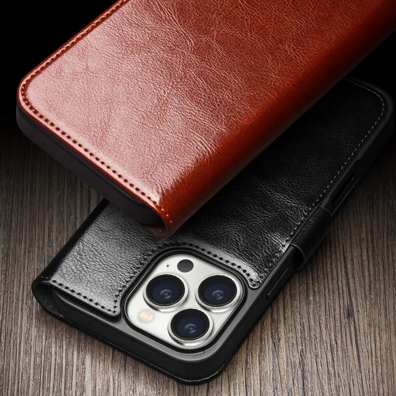 Classic Genuine Cowhide Leather Flip Wallet Case for iPhone 16 Series