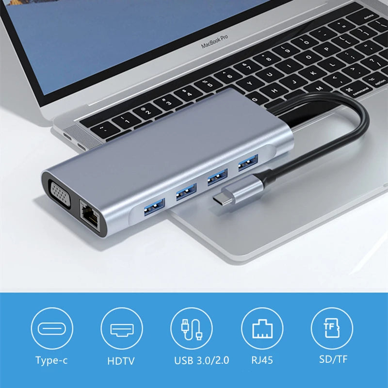 USB-C Hub: RJ45, 4K HDMI, VGA, SD/TF, USB 3.0/2.0, PD Dock for MacBook/iPad/Samsung/Xiaomi