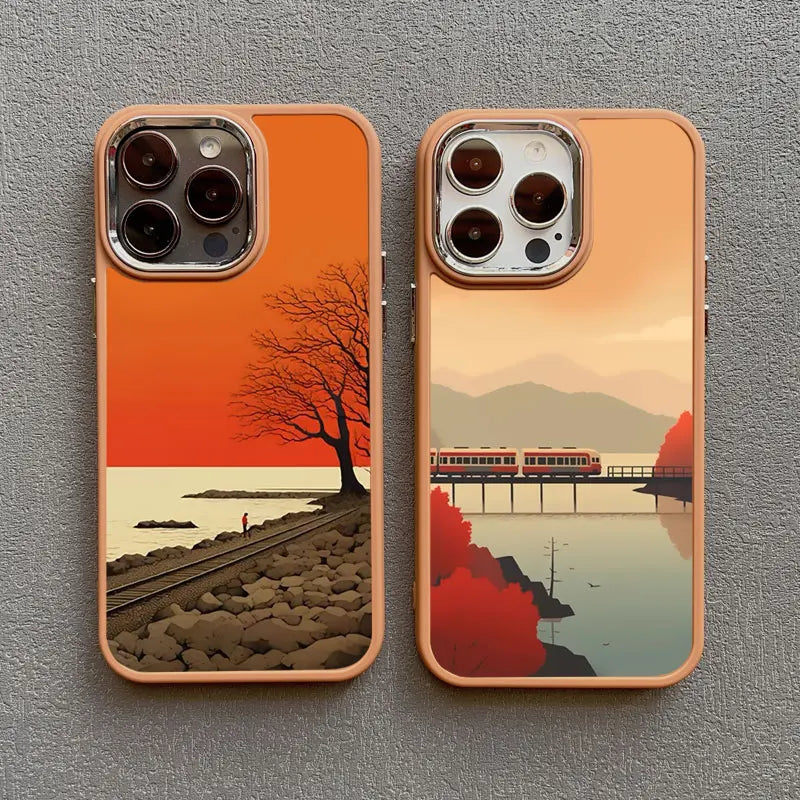 Autumn Sunset Scenery Silicone Phone Case for iPhone 15 Series