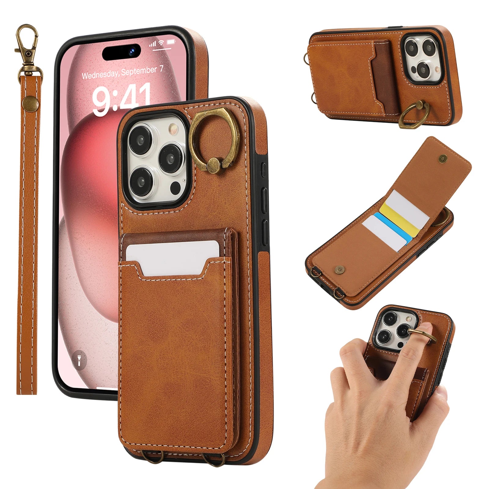 Vertical Card Slot Ring Holder Leather Wallet Case with Stand and Strap for iPhone 15 Series