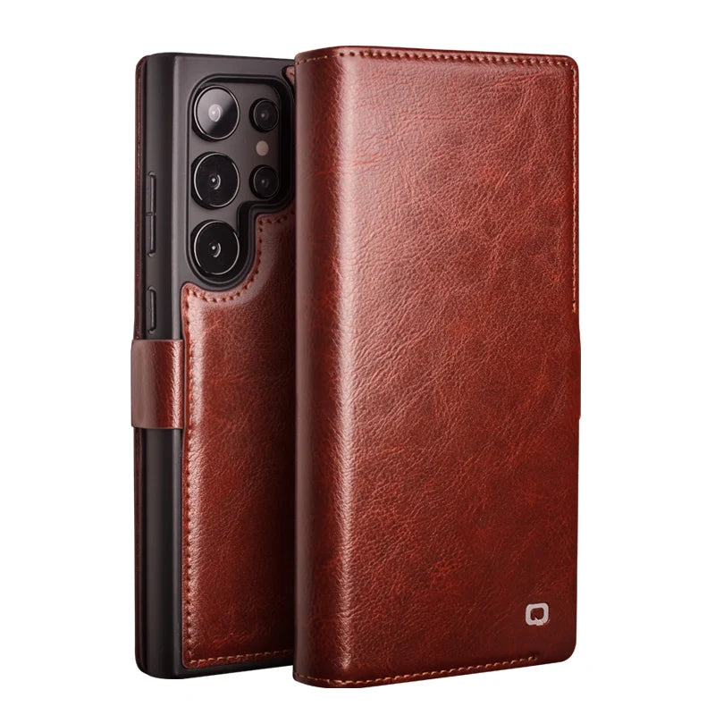 Premium Natural Cowhide Leather Flip Wallet Case for Samsung Galaxy S25 Series