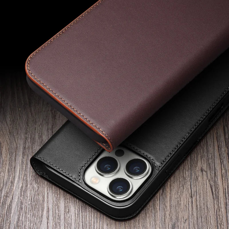 Premium Vintage Genuine Cowhide Leather Wallet Case for iPhone 16 Series