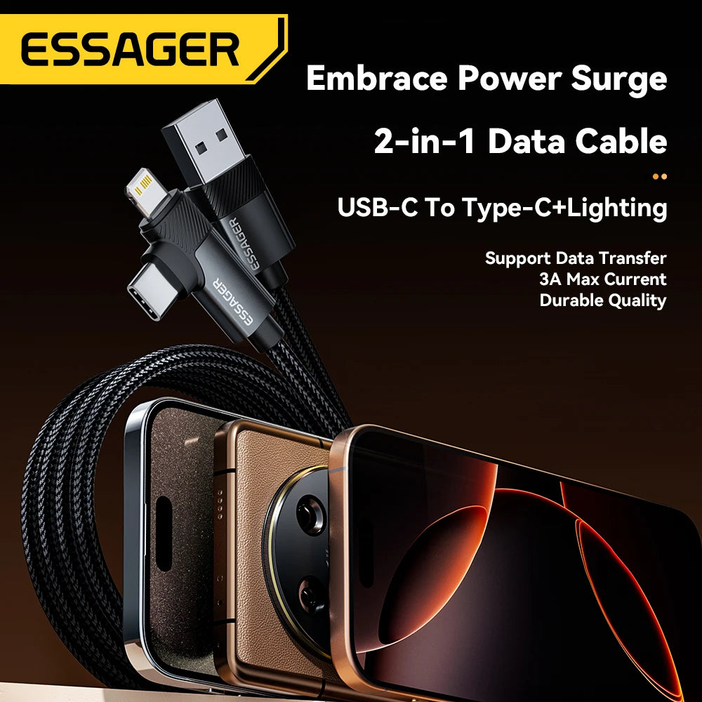 Essager 2-in-1 PD Fast Charging Cable with Dual USB-C and Lightning Connectors