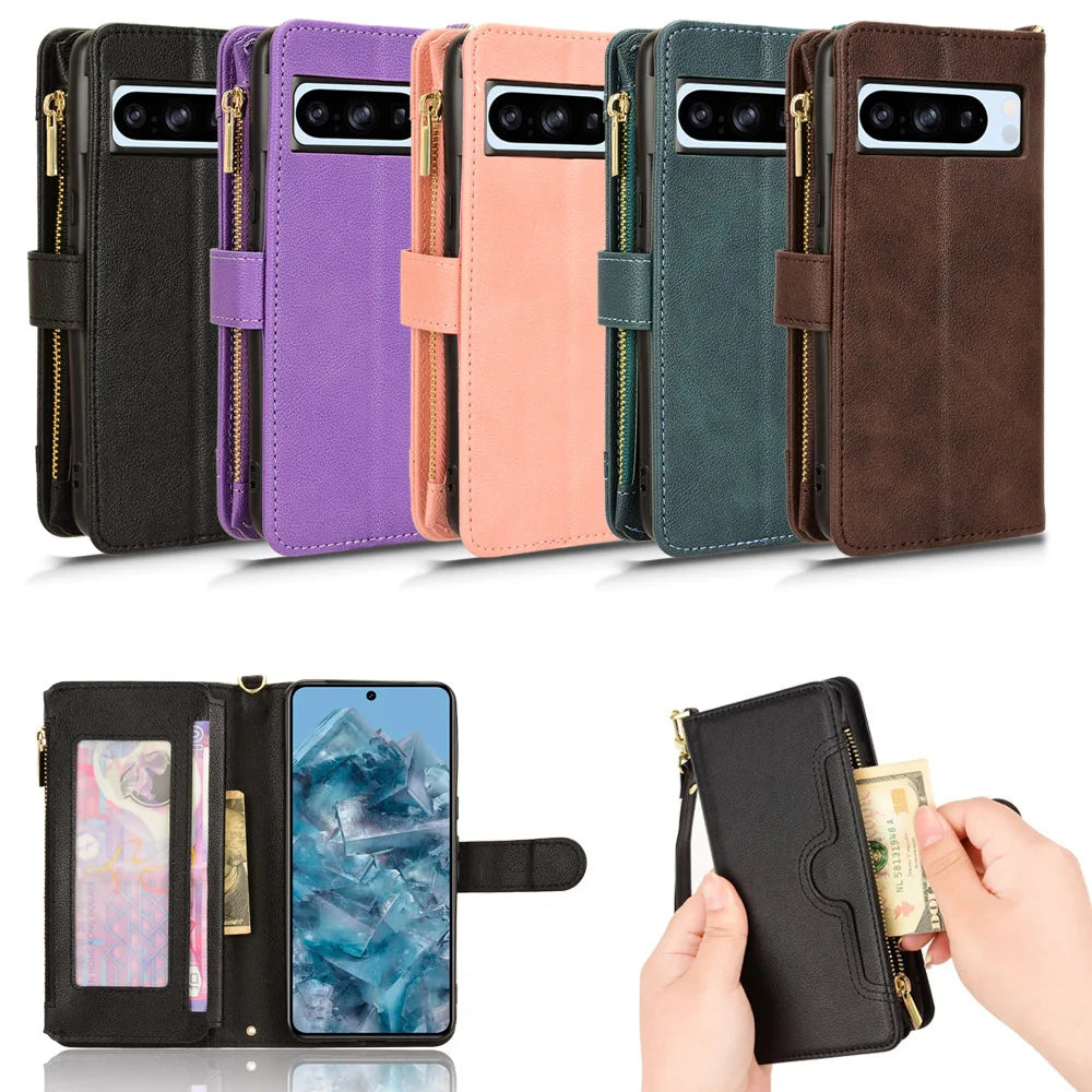 Retro Leather Wallet Book Case with Zipper and Card Slots for Google Pixel 8 Series