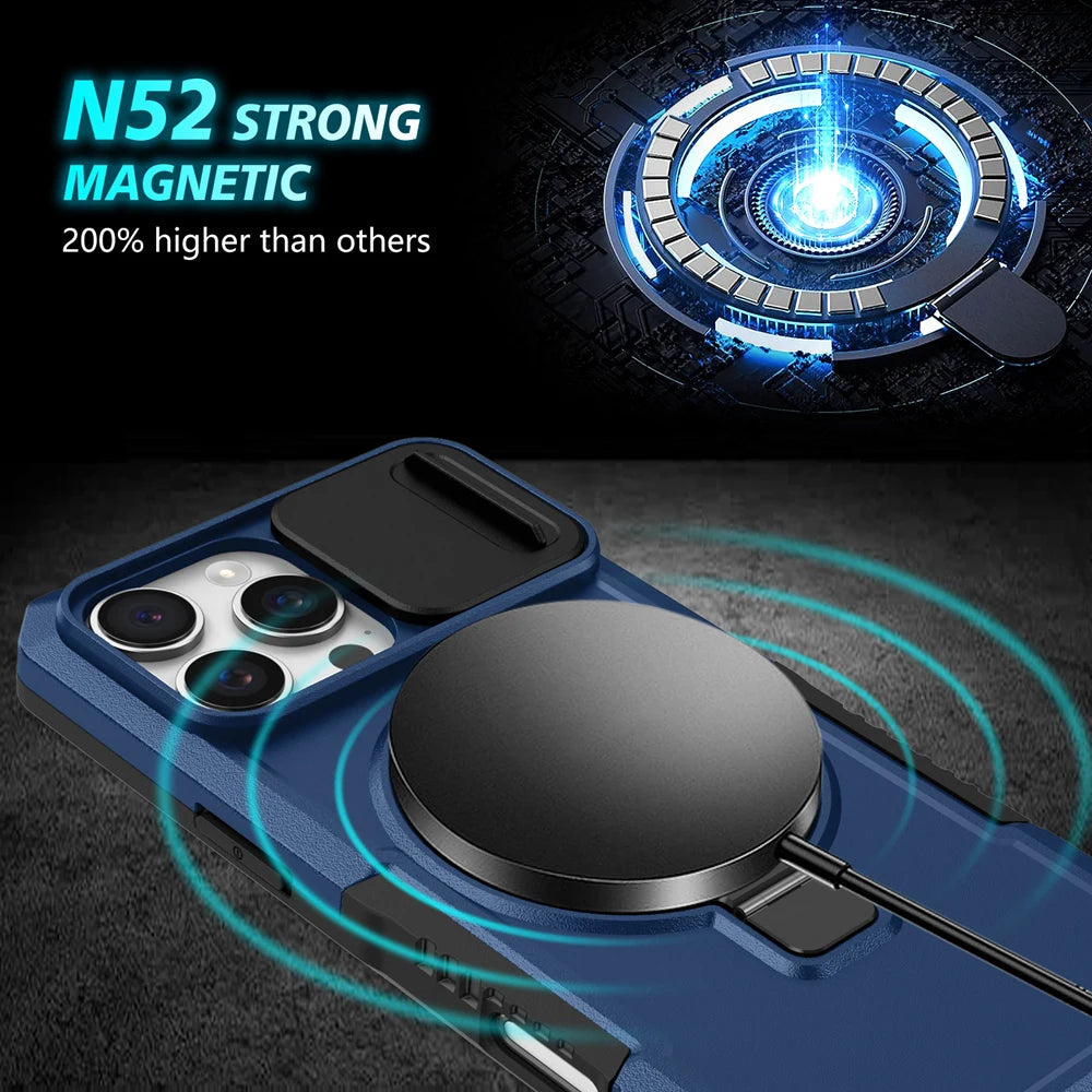 Shockproof Magnetic Ring Stand MagSafe Case with Slide Camera Protection for iPhone 16 Series