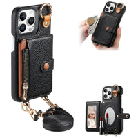 Zipper Wallet Leather Case with Crossbody Lanyard for iPhone 16 Series