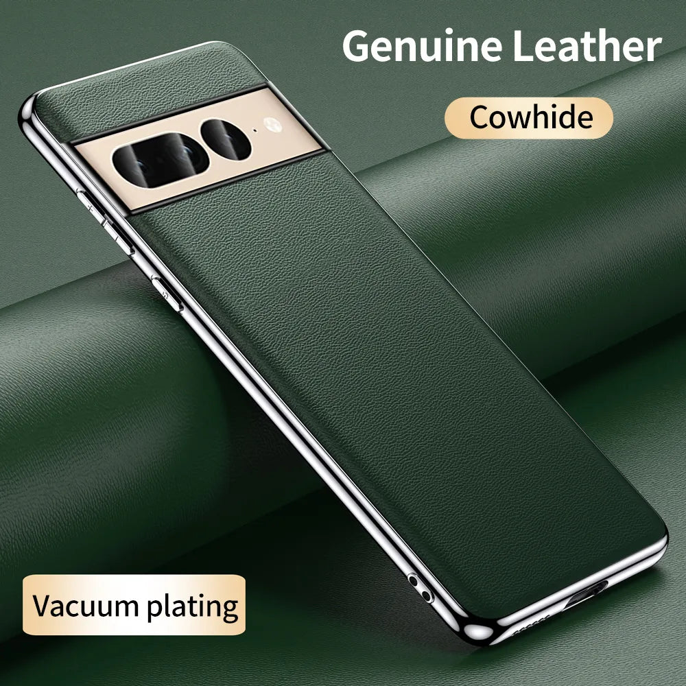 Luxury Genuine Cowhide Leather Plating Shockproof Full Protection Phone Case for Google Pixel 8 Series