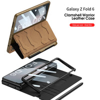 Armor Leather Fold Stand Case with Outer Glass, Pen Slot, and Card Holder for Samsung Galaxy Z Fold 6