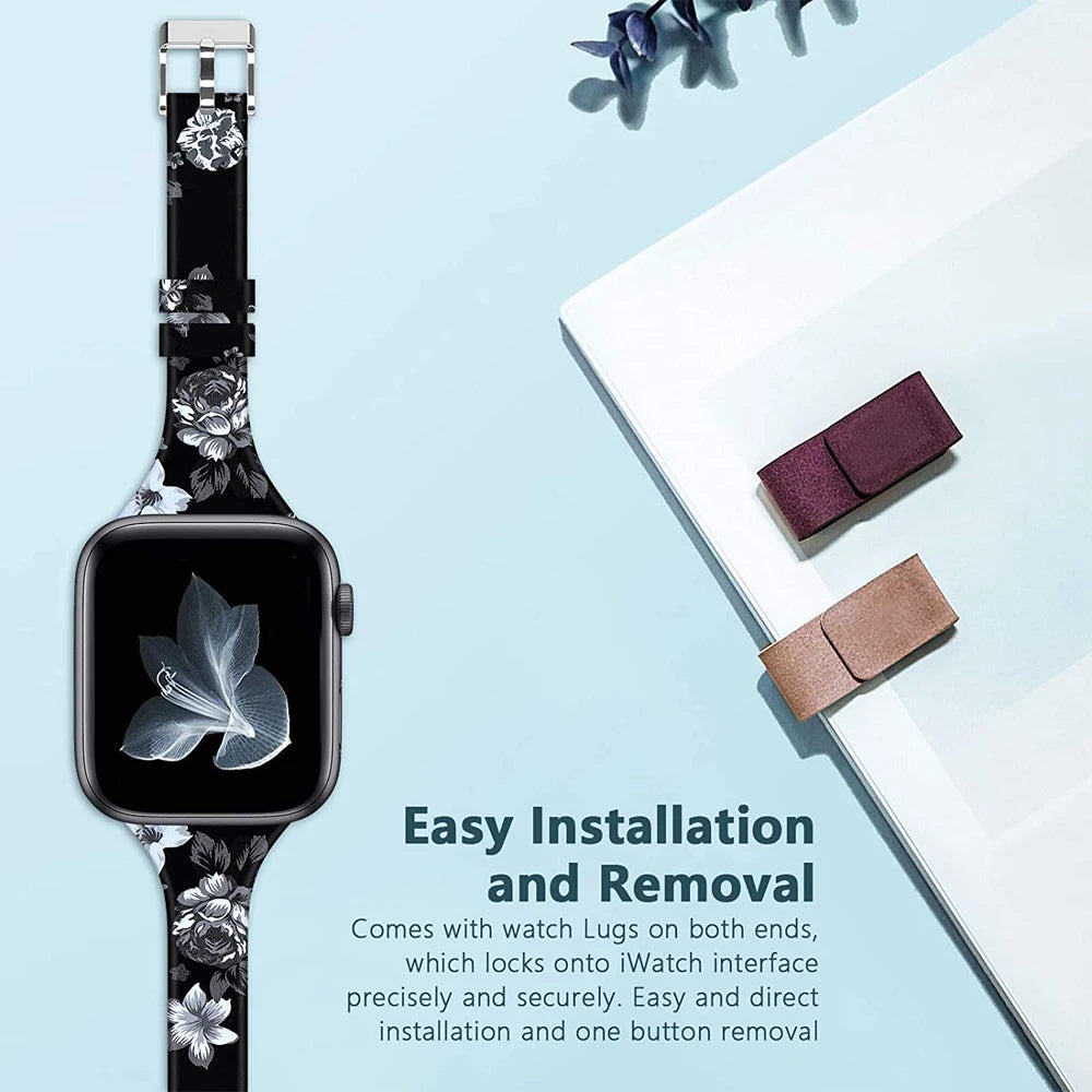 Soft Silicone Floral Thin Slim Narrow Strap for Apple Watch