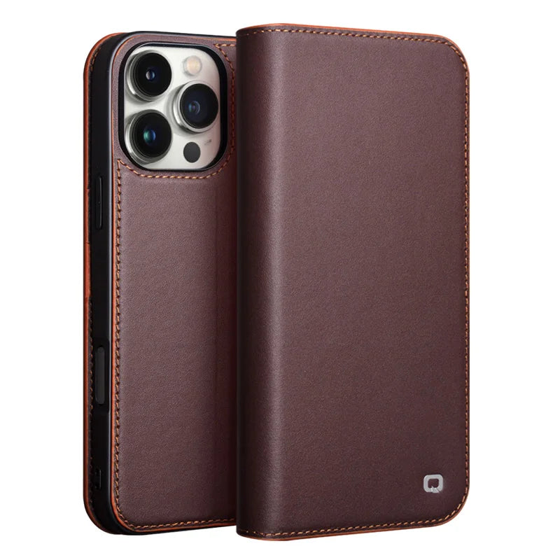 Premium Vintage Genuine Cowhide Leather Wallet Case for iPhone 16 Series