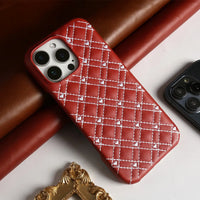 Plaid Heart Pattern Genuine Leather Phone Case for iPhone 15 Series