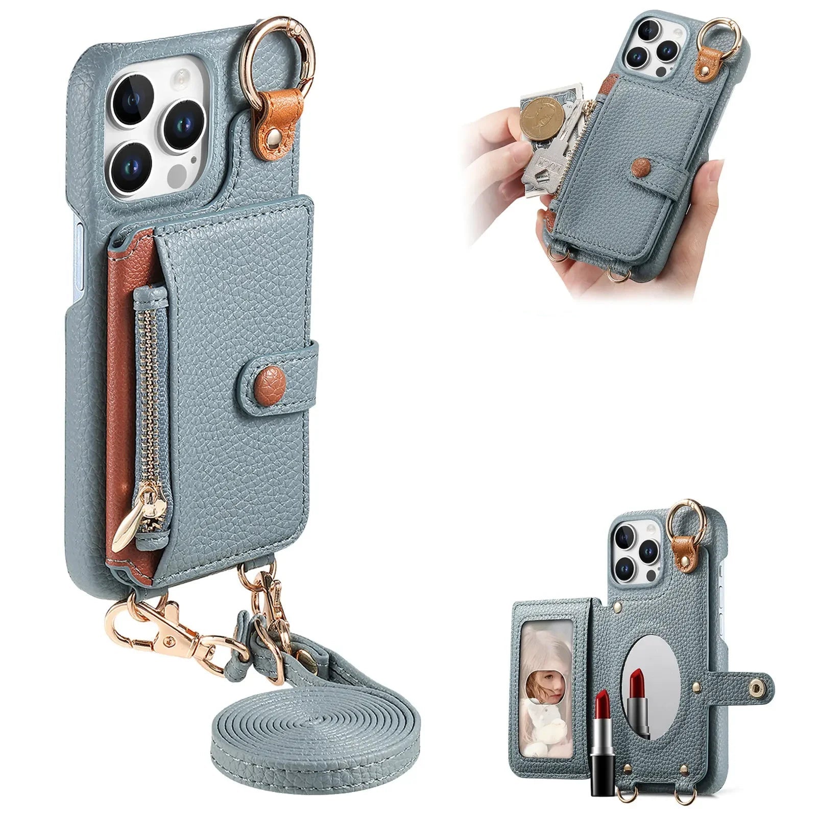 Zipper Wallet Leather Case with Crossbody Lanyard for iPhone 16 Series