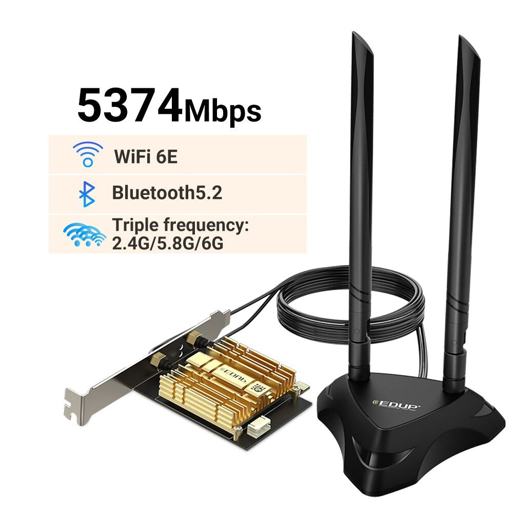 EDUP WiFi 6E Intel AX210 PCIe Adapter with Bluetooth 5.3, MU-MIMO, 2.4GHz/5GHz/6GHz, and Magnetic Antenna Base