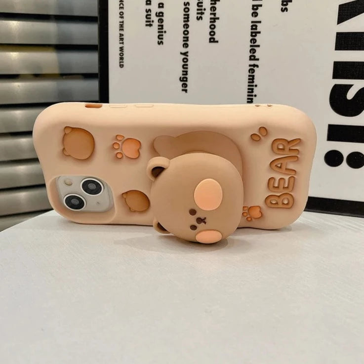 Lovely 3D Bear Hidden Holder Stand Silicone Case for iPhone 15 Series