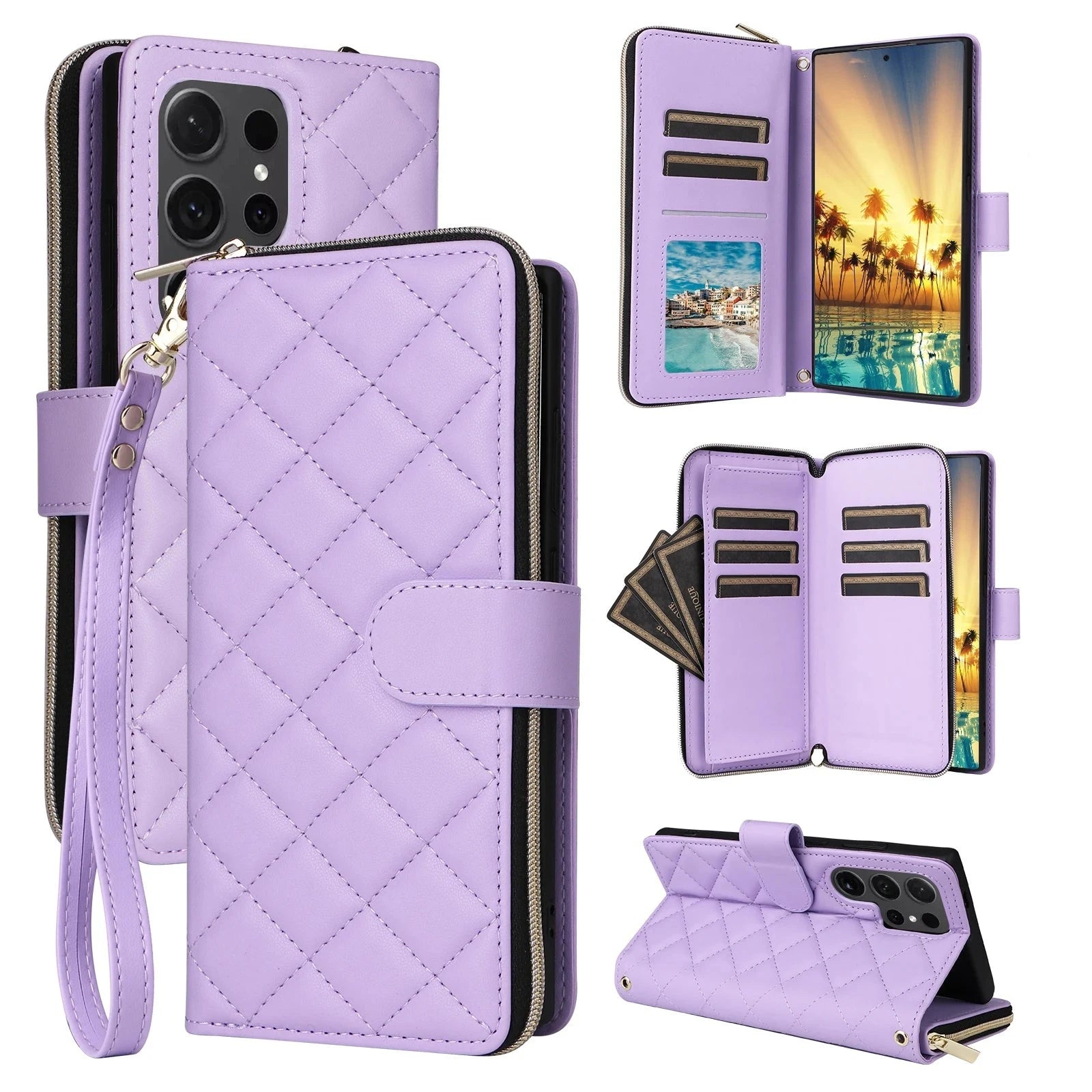 Crossbody Diamond Flip Multi-Card Zipper Wallet Leather Case for Samsung Galaxy S23 Seriess