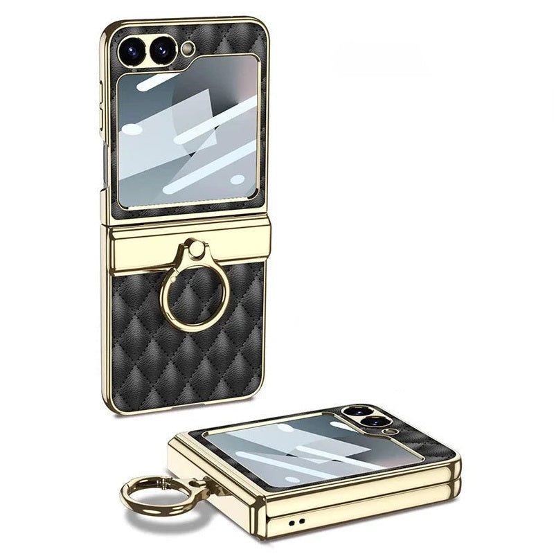 Luxury PU Leather Electroplated Ring Holder Case with Magnetic Hinge Protection for Samsung Galaxy Z Flip 6