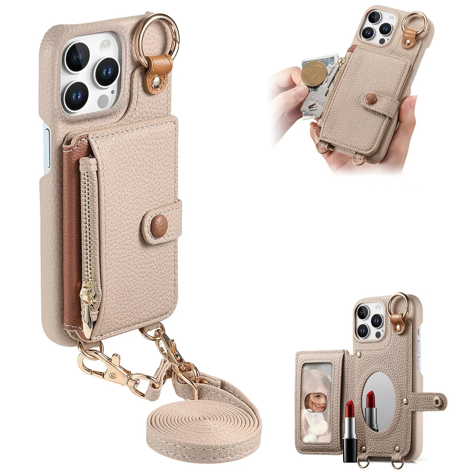 Zipper Wallet Leather Case with Crossbody Lanyard for iPhone 16 Series