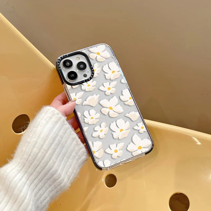 Full Screen White Flowers Soft TPU Shockproof Back Case for iPhone 15 Series