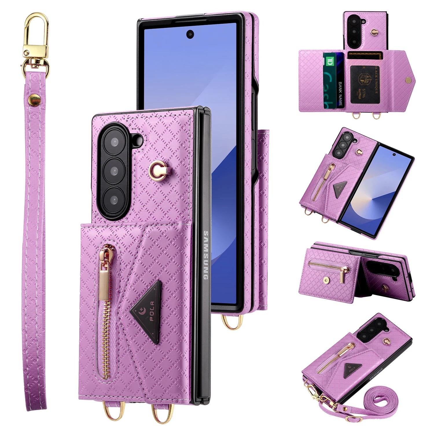 Crossbody Leather Zipper Wallet Case with Card Slots & Long Lanyard for Samsung Galaxy Z Fold 6