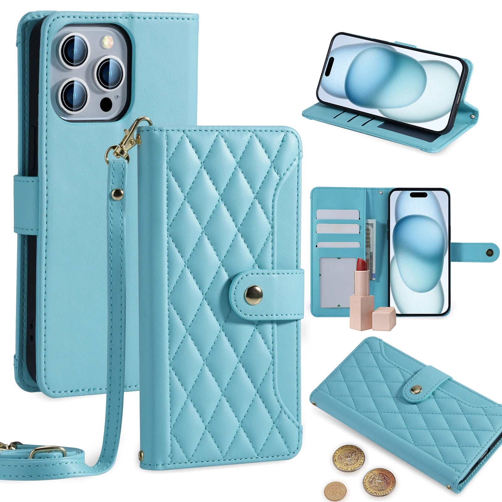 Crossbody Leather Wallet Flip Case for iPhone 15 – Secure Card Slots & Lanyard Strap