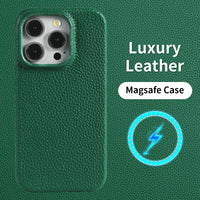 Natural Cowhide Lychee Leather MagSafe Case for iPhone 15 Series