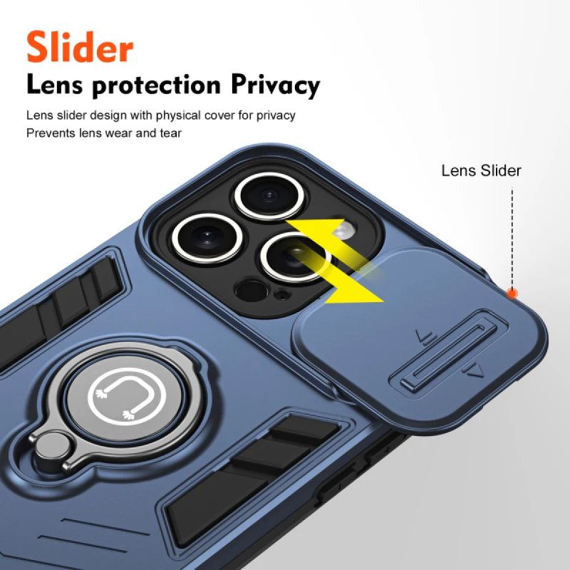 Shockproof Rotating Stand Phone Case with Lens Sliding Window for iPhone 15 Series