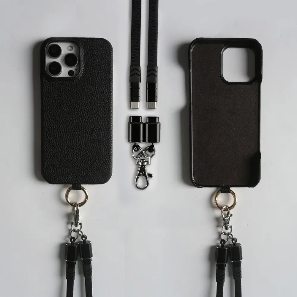 Genuine Leather Phone Case with Lanyard USB Charging Cable for iPhone 16 Series