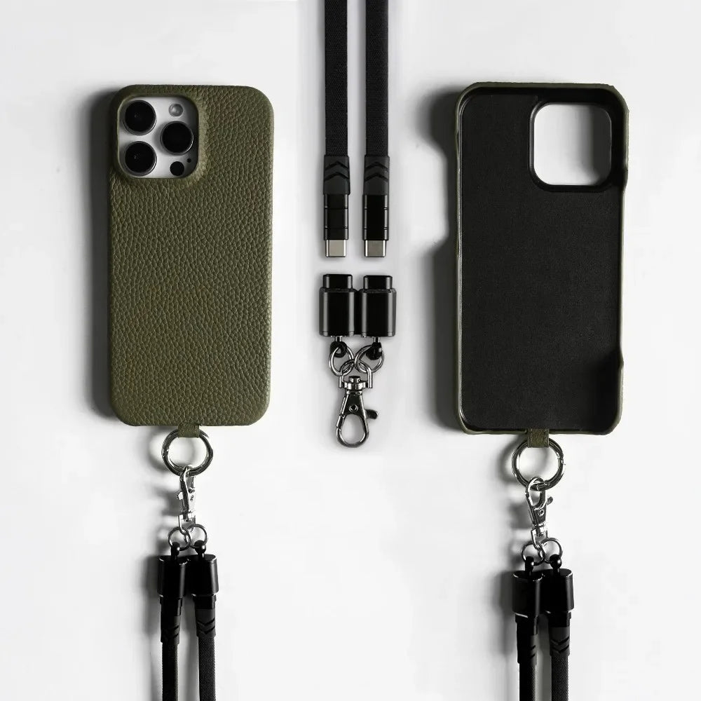 Genuine Leather Phone Case with Lanyard USB Charging Cable for iPhone 16 Series