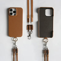 Genuine Leather Phone Case with Lanyard USB Charging Cable for iPhone 16 Series