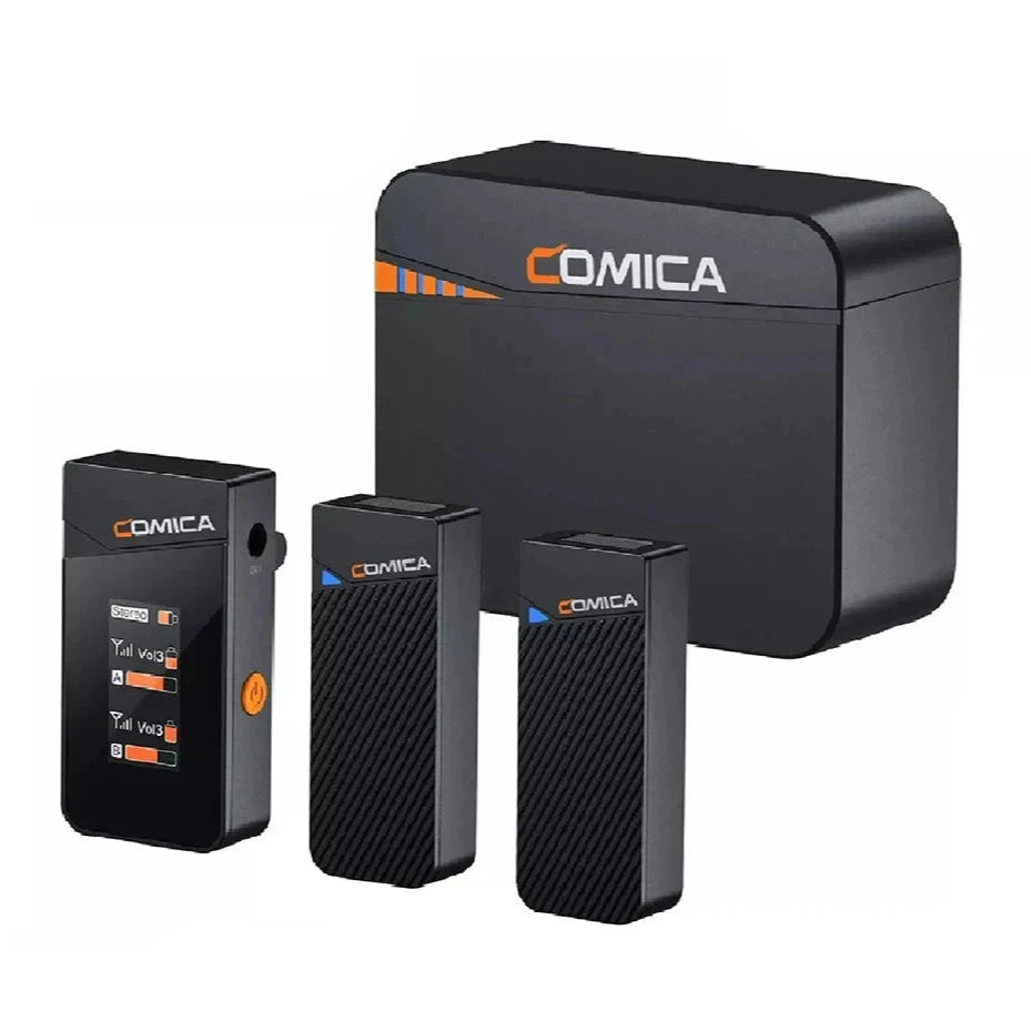 Comica Vimo C 2.4G Mini Wireless Lapel Microphone with charging case and rotatable IPS display