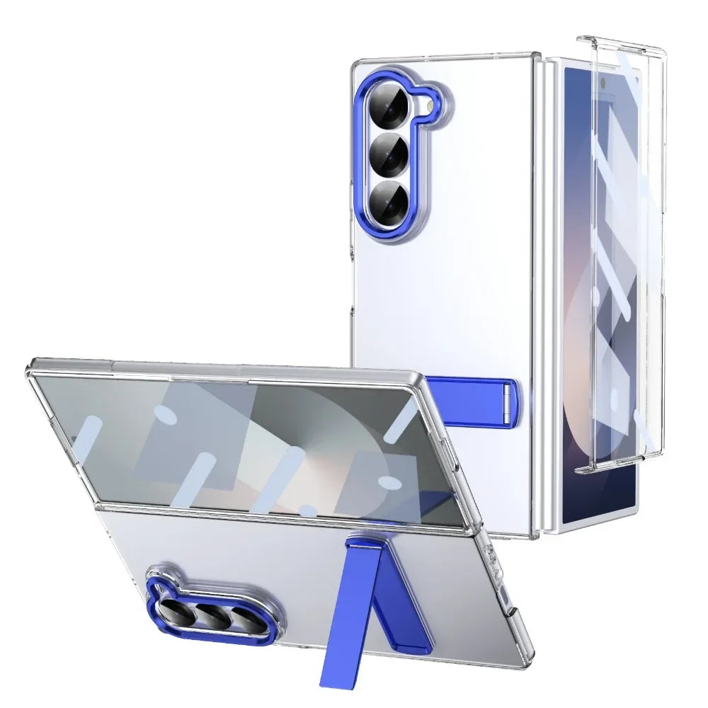 Electroplated transparent bracket case with screen protector and metal stand for Samsung Galaxy Z Fold 6