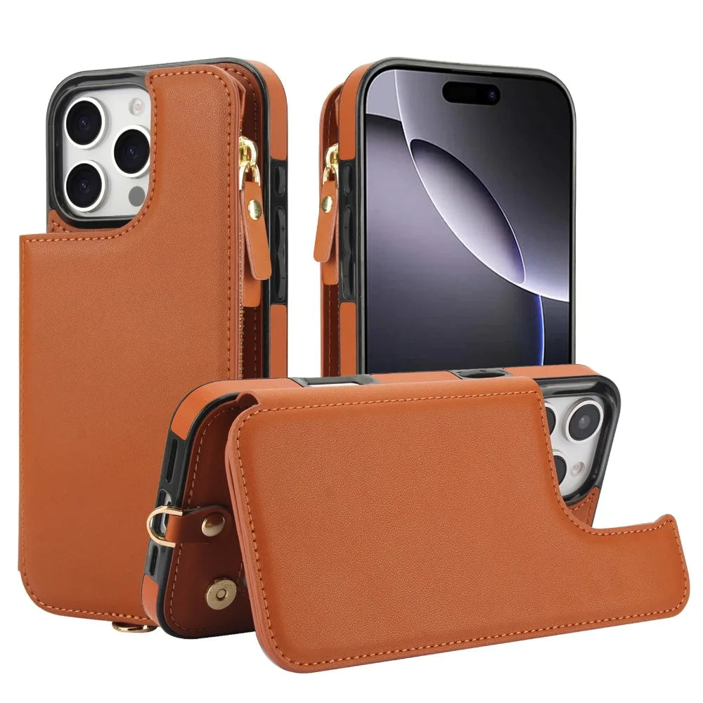 Leather Lanyard Wrist Strap Wallet Case with Card Holder for iPhone 16 Series