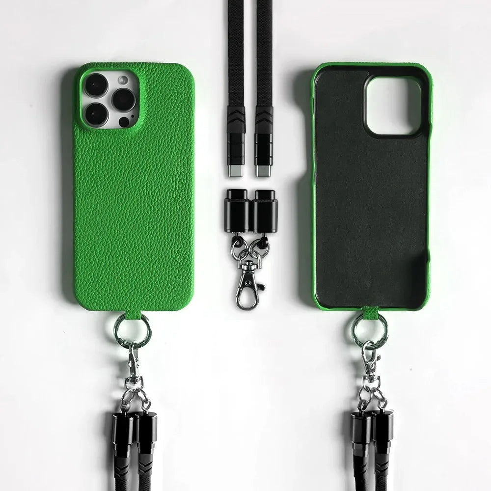 Genuine Leather Phone Case with Lanyard USB Charging Cable for iPhone 16 Series