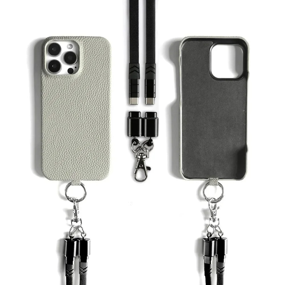 Genuine Leather Phone Case with Lanyard USB Charging Cable for iPhone 16 Series