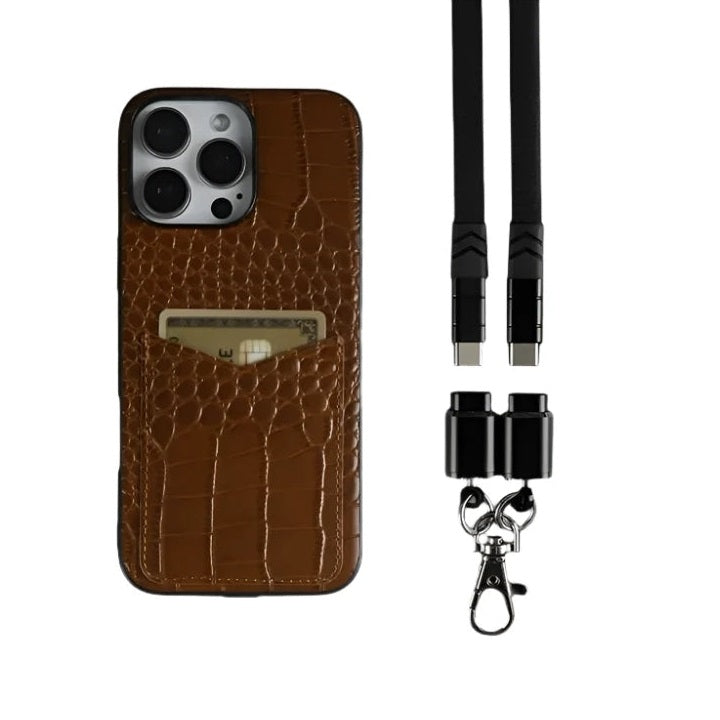 Handmade genuine leather phone case with multifunctional lanyard for iPhone 16 series