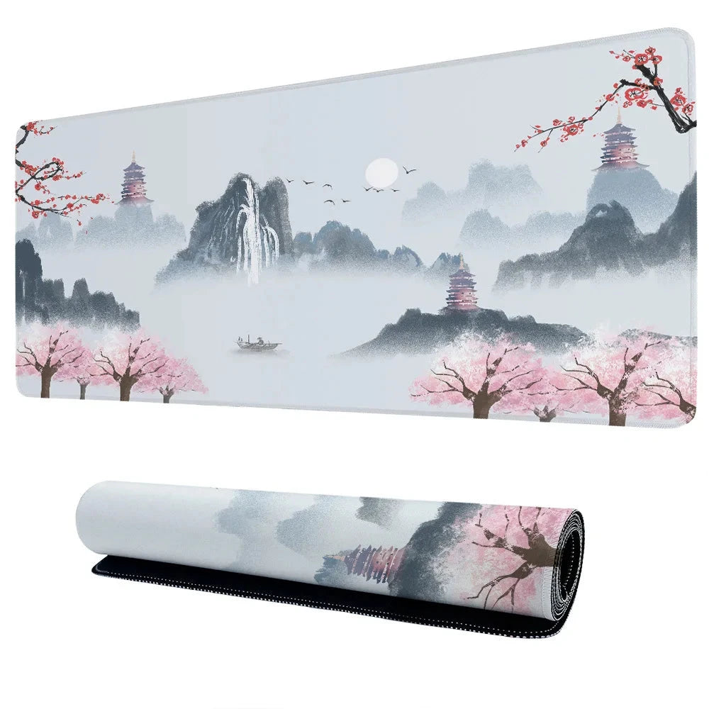 Landscape painting gaming mouse pad with anti-slip rubber base and wear-resistant knitted edge