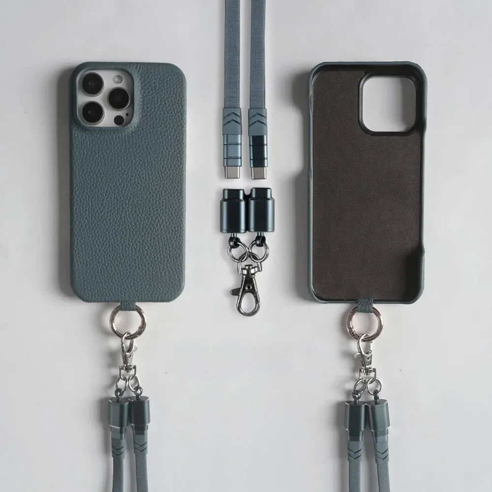 Genuine Leather Phone Case with Lanyard USB Charging Cable for iPhone 16 Series