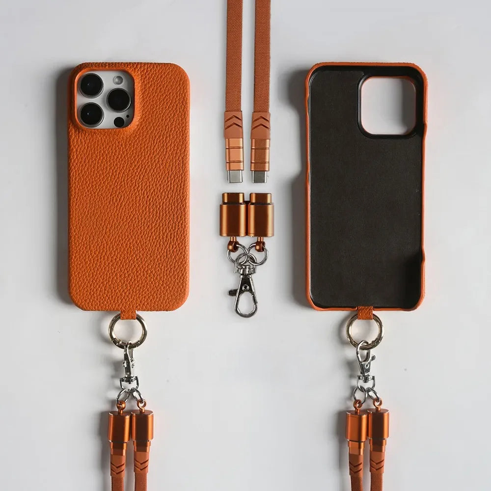 Genuine Leather Phone Case with Lanyard USB Charging Cable for iPhone 16 Series