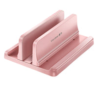 Pink adjustable vertical laptop stand made of ABS plastic, offering better airflow and compatibility with laptops, tablets, and phones