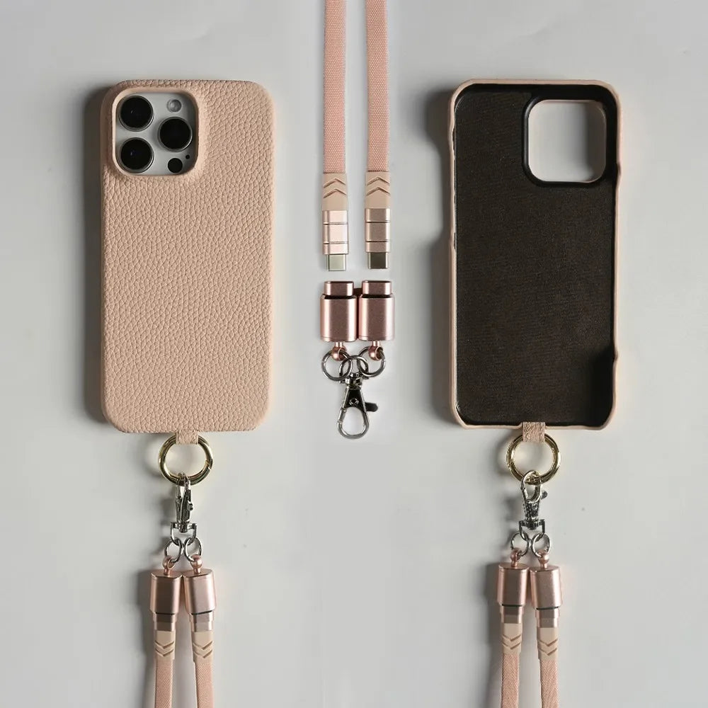 Genuine Leather Phone Case with Lanyard USB Charging Cable for iPhone 16 Series