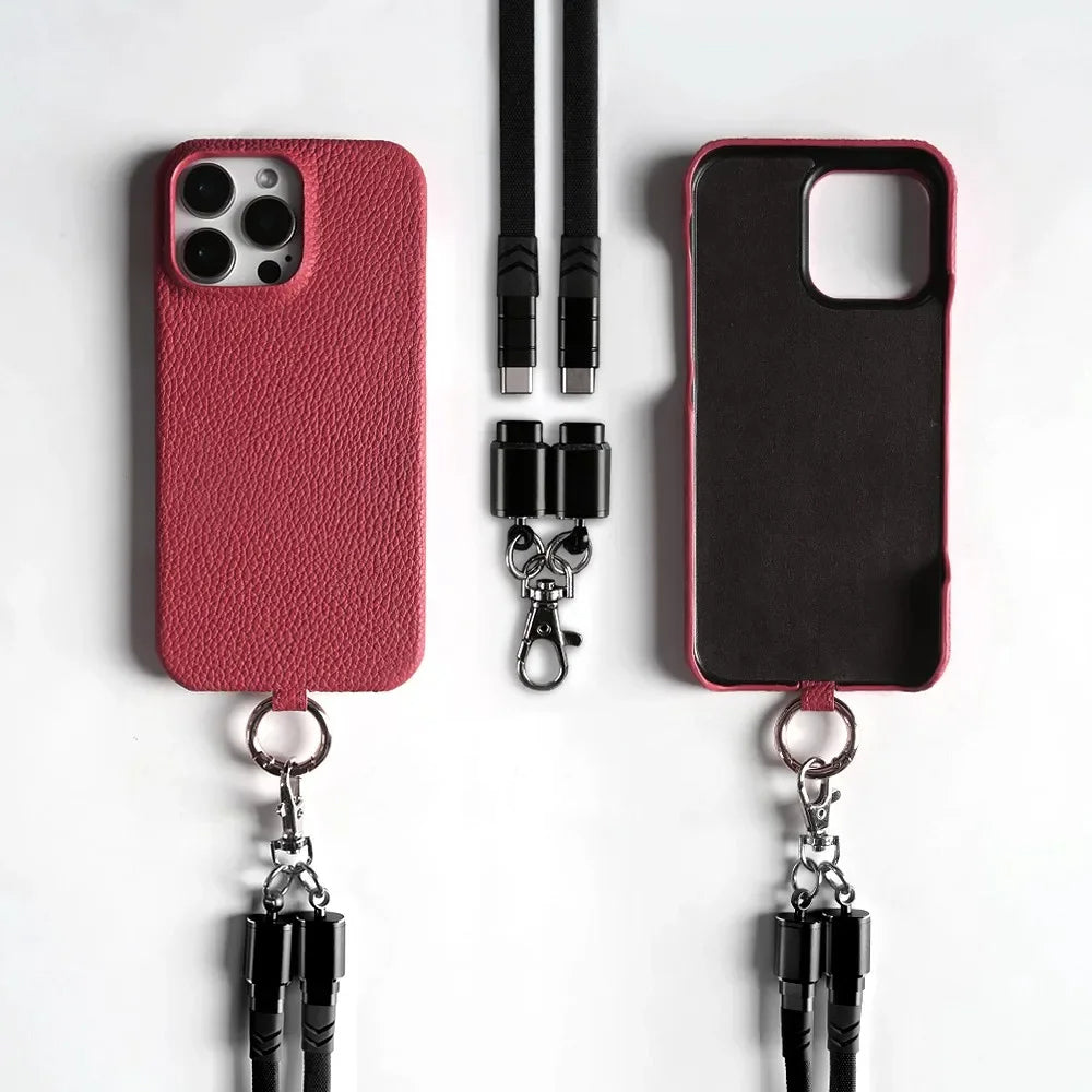 Genuine Leather Phone Case with Lanyard USB Charging Cable for iPhone 16 Series