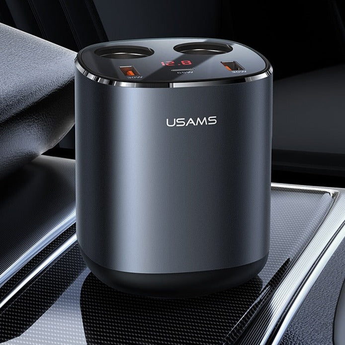 USAMS 45W C28 Digital Display Triple Port Fast Charger with Dual Lighter PD QC Fast Charging